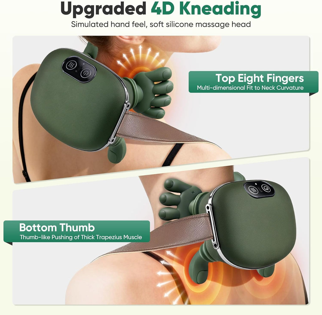 Portable Electric Neck and Shoulder Massager with Heat, Compact Hand-Simulated Deep Tissue Massage for Pain Relief, Travel-Friendly Design with Carrying Strap