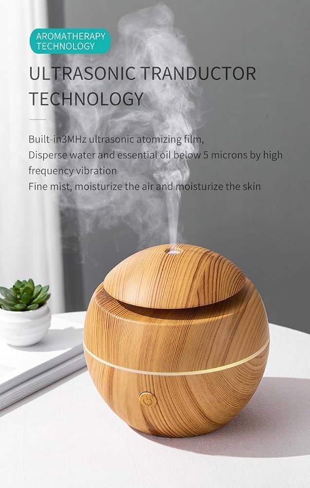 Wooden Cool Mist Humidifier with Essential Oil Diffuser, 130ml USB Aroma Diffuser, 7 Color LED Night Light, Ultrasonic Air Humidifier for Bedroom, Office, Baby Room, Home & Car