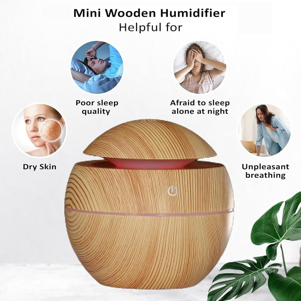 Wooden Cool Mist Humidifier with Essential Oil Diffuser, 130ml USB Aroma Diffuser, 7 Color LED Night Light, Ultrasonic Air Humidifier for Bedroom, Office, Baby Room, Home & Car