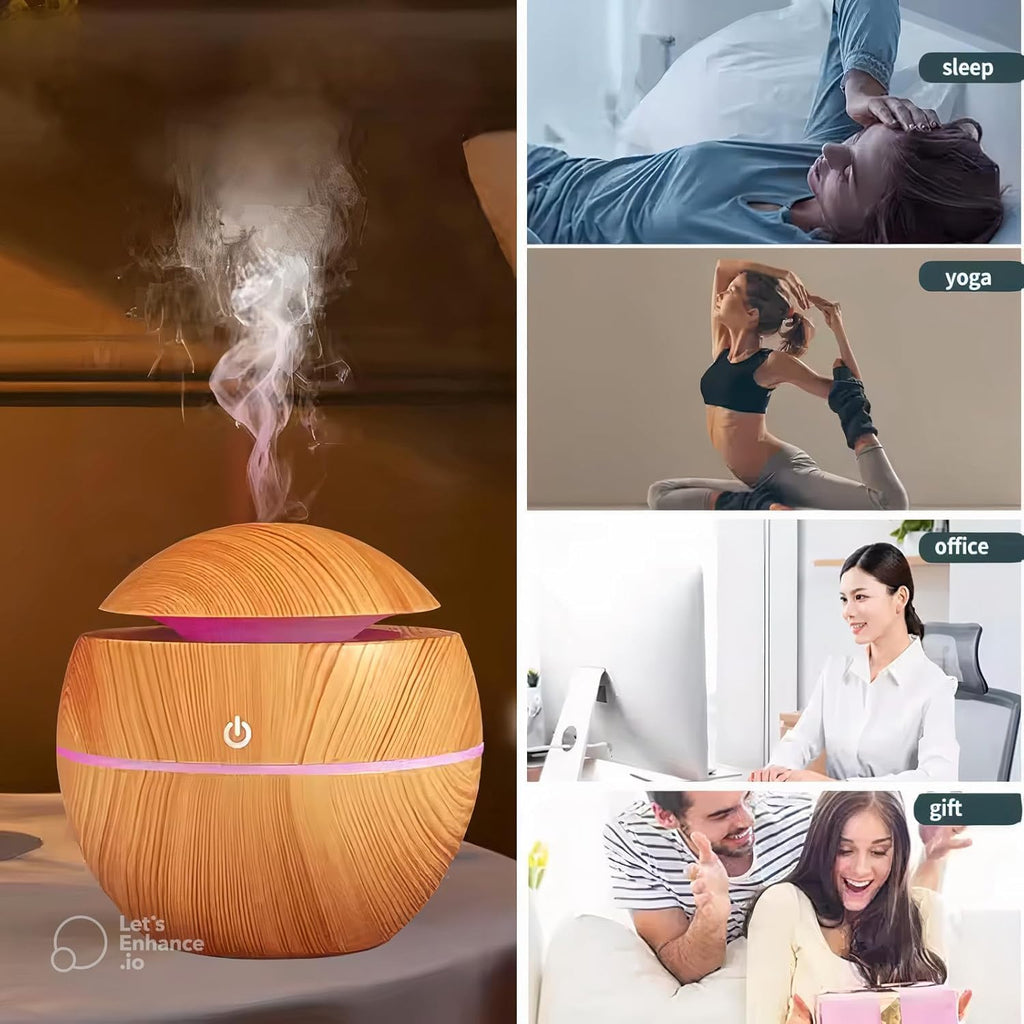 Wooden Cool Mist Humidifier with Essential Oil Diffuser, 130ml USB Aroma Diffuser, 7 Color LED Night Light, Ultrasonic Air Humidifier for Bedroom, Office, Baby Room, Home & Car