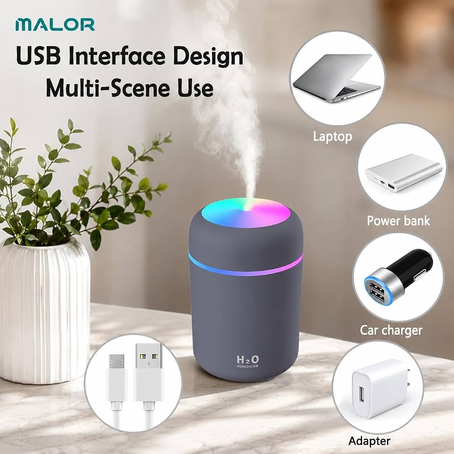 Desktop Humidifier | Mini USB Cool Mist Humidifier with LED Light Quiet Air Moisturizer (Pack of 1) (300 ml)