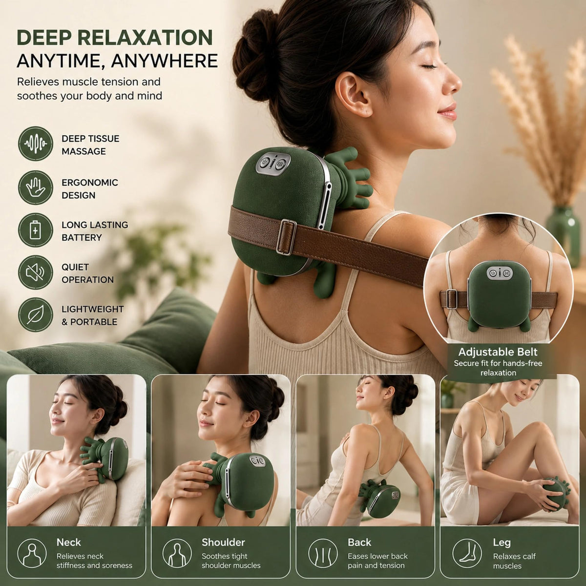 Portable Electric Neck and Shoulder Massager with Heat, Compact Hand-Simulated Deep Tissue Massage for Pain Relief, Travel-Friendly Design with Carrying Strap
