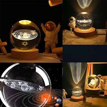 Galaxy Crystal Ball Night Light Lamp Glass Ball Night LED Lamp with Woodern Base 3D Engraved Solar System Decorations Gifts for Men Women Kids Boys Girls Teens