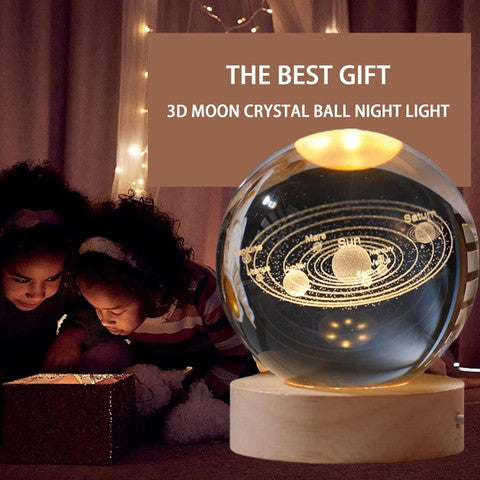 Galaxy Crystal Ball Night Light Lamp Glass Ball Night LED Lamp with Woodern Base 3D Engraved Solar System Decorations Gifts for Men Women Kids Boys Girls Teens