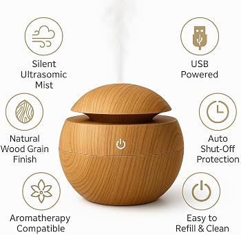 Wooden Cool Mist Humidifier with Essential Oil Diffuser, 130ml USB Aroma Diffuser, 7 Color LED Night Light, Ultrasonic Air Humidifier for Bedroom, Office, Baby Room, Home & Car