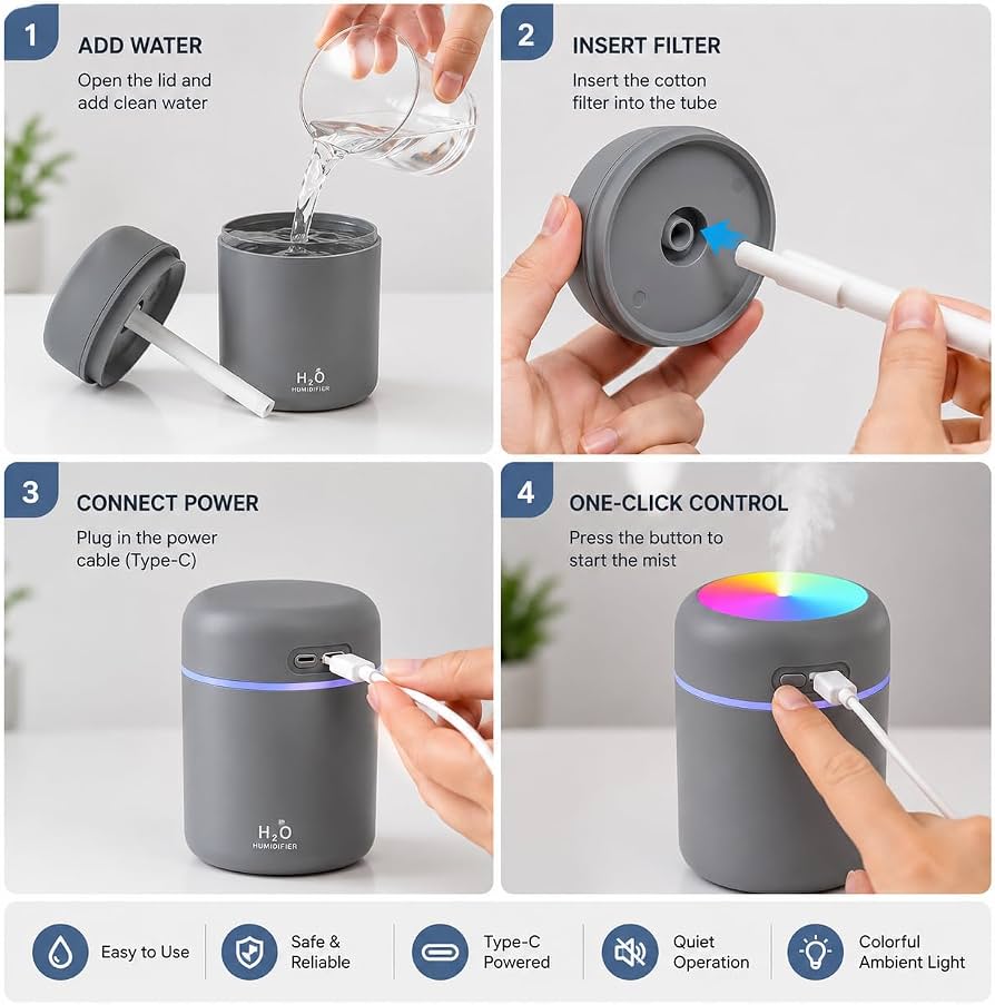 Desktop Humidifier | Mini USB Cool Mist Humidifier with LED Light Quiet Air Moisturizer (Pack of 1) (300 ml)